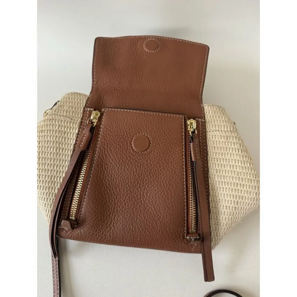 Tory Burch Straw Leather Bucket Bag Crossbody / Top Handle Half Moon
